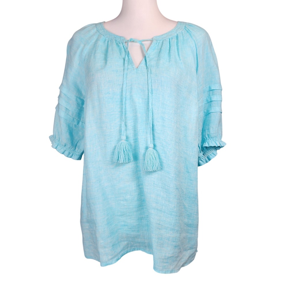 Talbots Linen Peasant Blouse Top Womens Medium Aqua Blue Tassel Cottage Casual